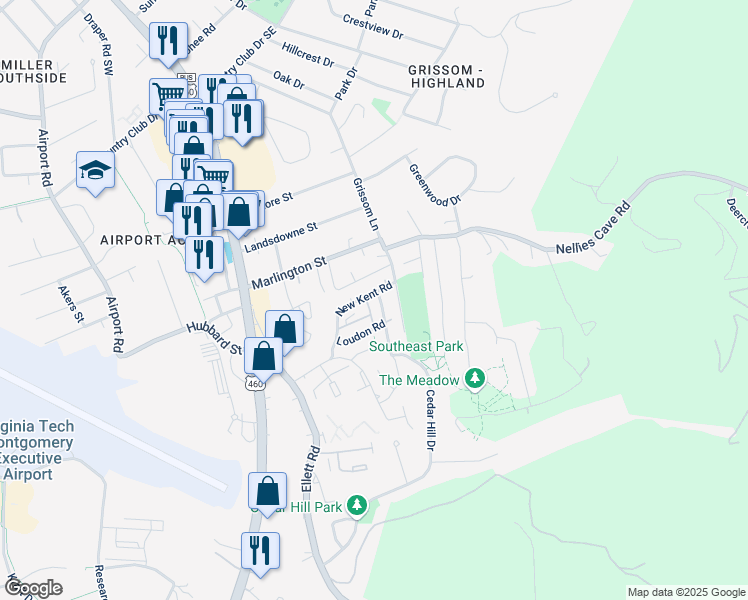 map of restaurants, bars, coffee shops, grocery stores, and more near 380 New Kent Road in Blacksburg