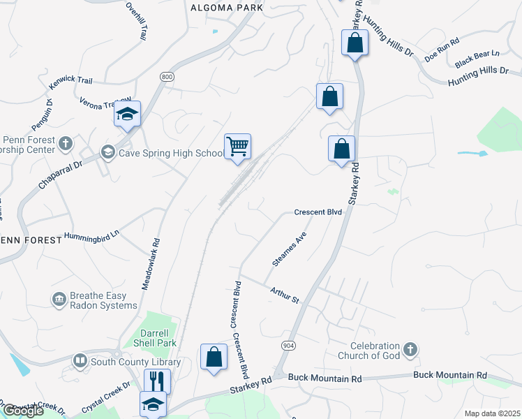 map of restaurants, bars, coffee shops, grocery stores, and more near 5505 Crescent Boulevard in Cave Spring