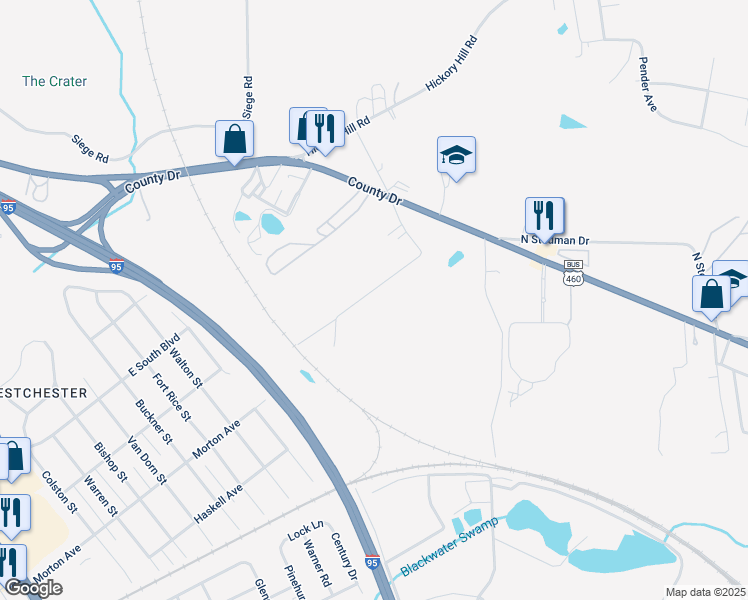 map of restaurants, bars, coffee shops, grocery stores, and more near 2255 Jamestown Drive in Petersburg