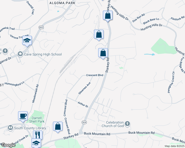 map of restaurants, bars, coffee shops, grocery stores, and more near 5405 Crescent Boulevard in Cave Spring