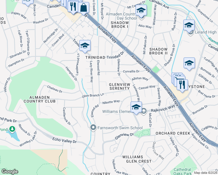 map of restaurants, bars, coffee shops, grocery stores, and more near 1143 Olive Branch Lane in San Jose