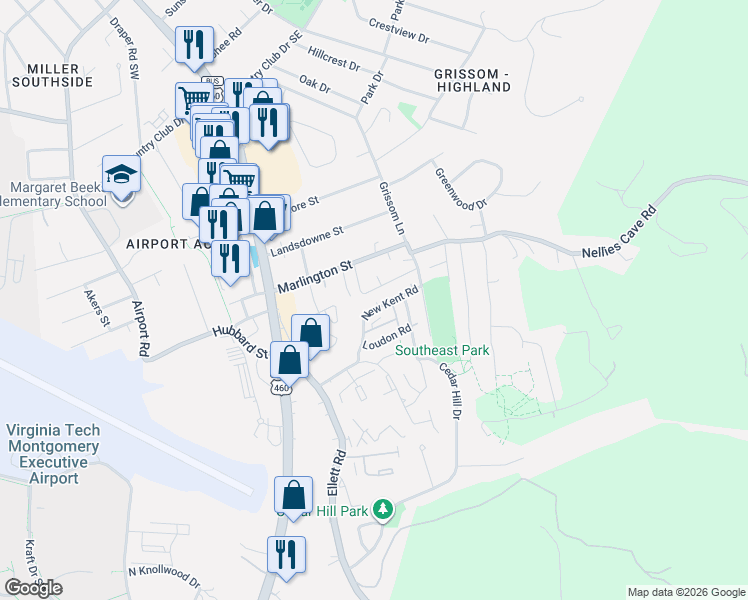 map of restaurants, bars, coffee shops, grocery stores, and more near 330 New Kent Road in Blacksburg