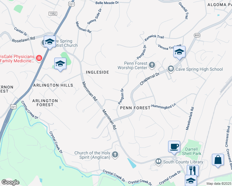 map of restaurants, bars, coffee shops, grocery stores, and more near 4126 Pheasant Run Circle in Roanoke