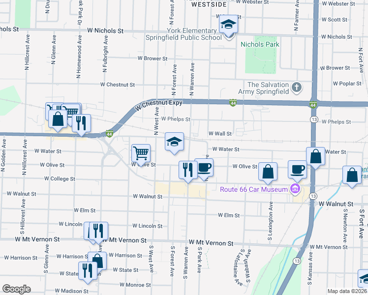 map of restaurants, bars, coffee shops, grocery stores, and more near 2343 West Olive Street in Springfield
