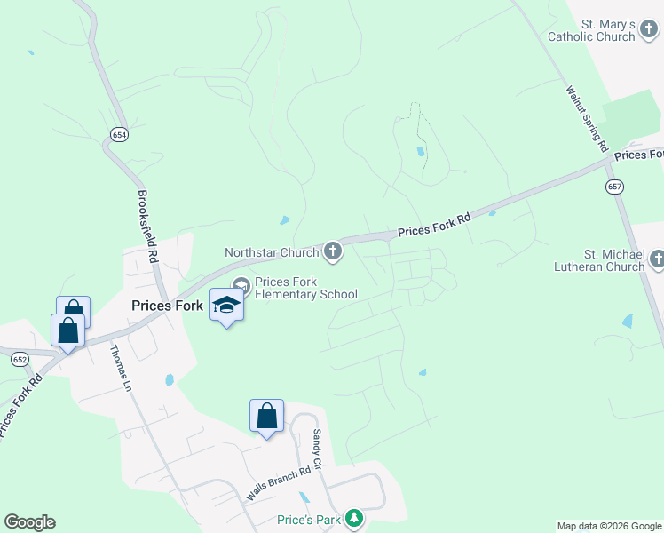 map of restaurants, bars, coffee shops, grocery stores, and more near 3929 Prices Fork Road in Blacksburg