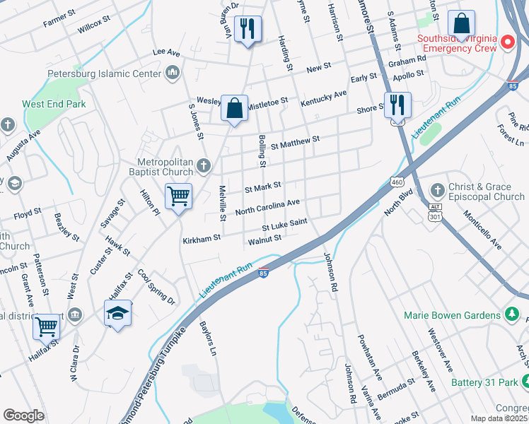 map of restaurants, bars, coffee shops, grocery stores, and more near 1221 Bolling Street in Petersburg