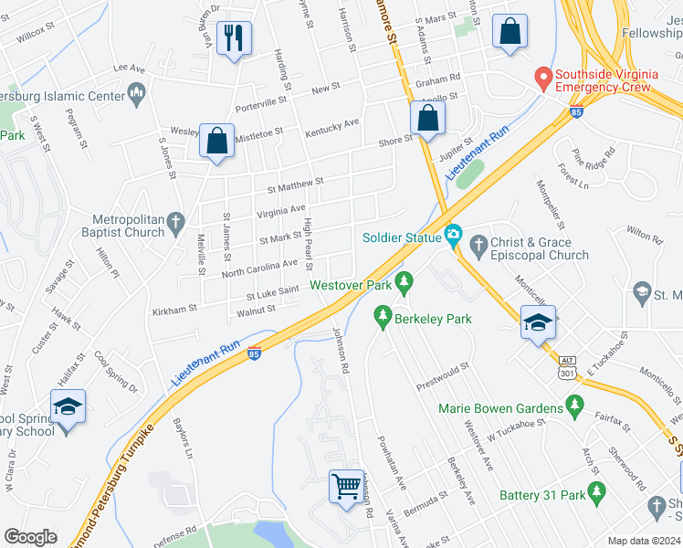 map of restaurants, bars, coffee shops, grocery stores, and more near 217 Saint Luke Street in Petersburg