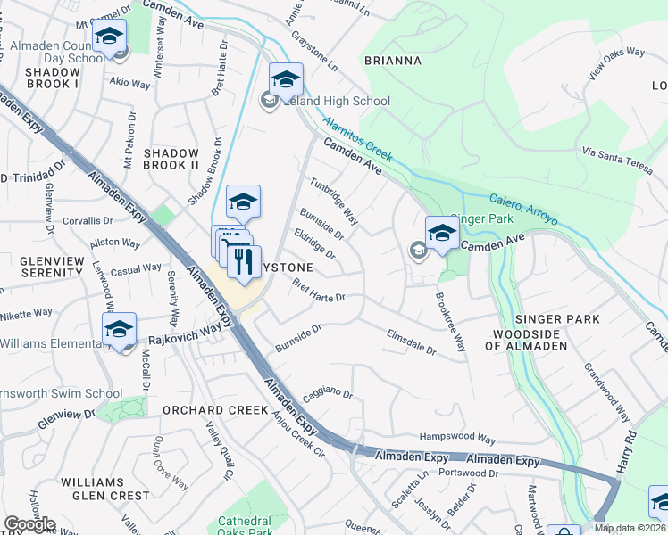 map of restaurants, bars, coffee shops, grocery stores, and more near 6851 Eldridge Drive in San Jose