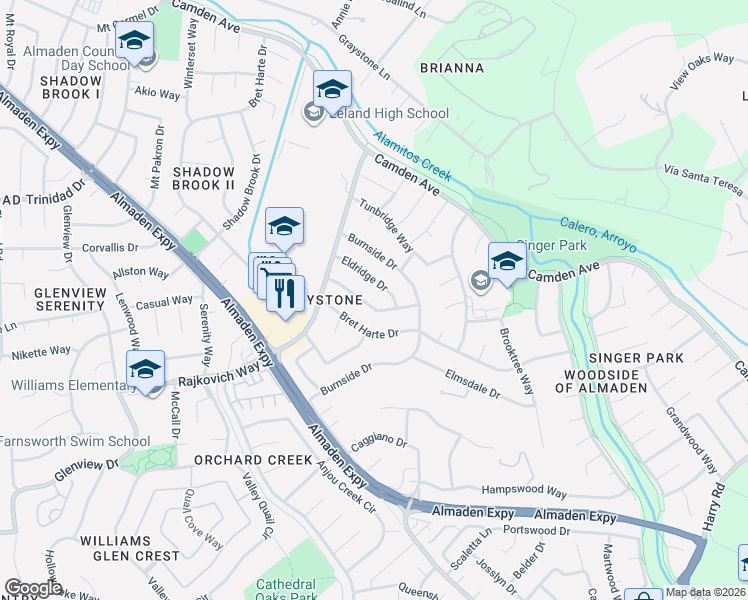 map of restaurants, bars, coffee shops, grocery stores, and more near 6851 Eldridge Drive in San Jose