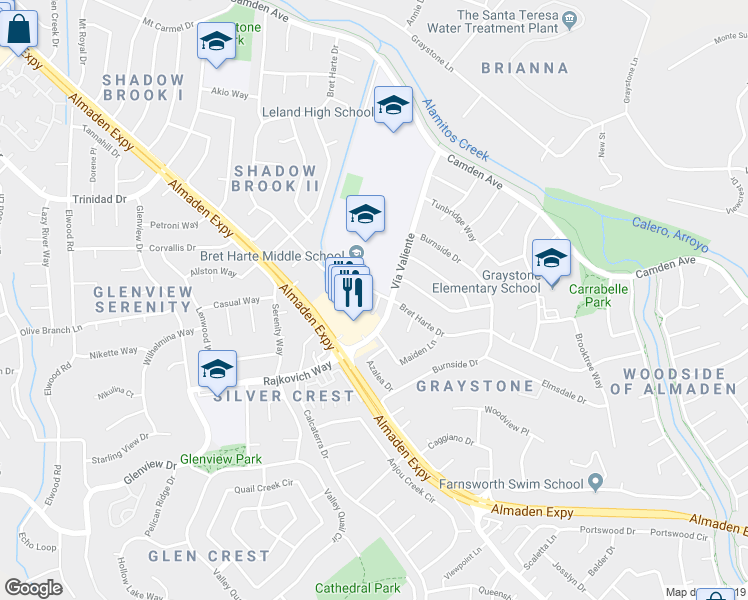 map of restaurants, bars, coffee shops, grocery stores, and more near 1032 Bret Cove Court in San Jose