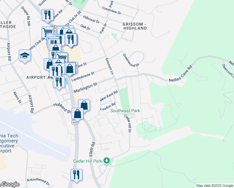 map of restaurants, bars, coffee shops, grocery stores, and more near 415 New Kent Road in Blacksburg
