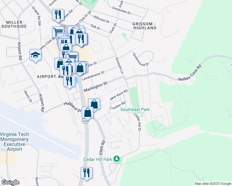 map of restaurants, bars, coffee shops, grocery stores, and more near 319 Charles Street in Blacksburg