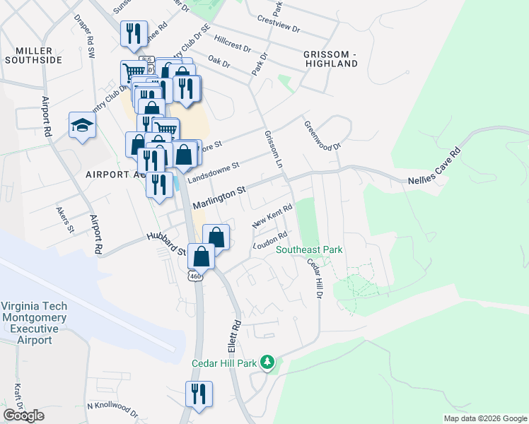 map of restaurants, bars, coffee shops, grocery stores, and more near 319 Charles Street in Blacksburg