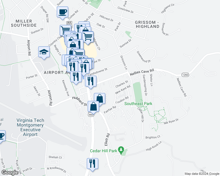 map of restaurants, bars, coffee shops, grocery stores, and more near 1724 Emerald Street in Blacksburg