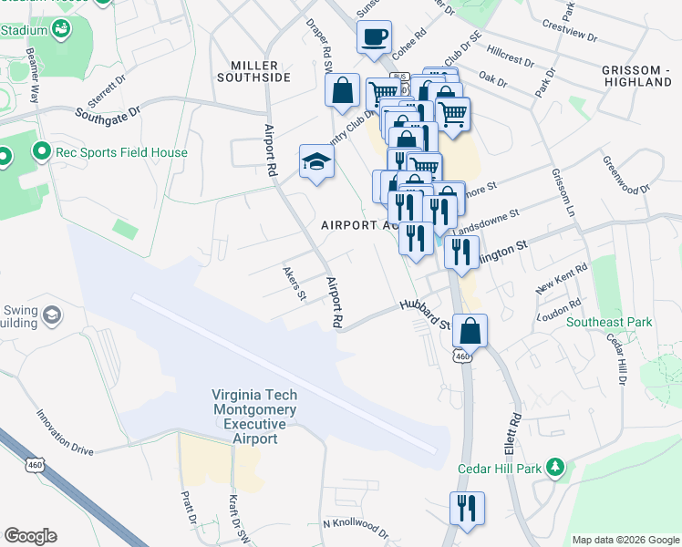 map of restaurants, bars, coffee shops, grocery stores, and more near 1501 Lincoln Lane in Blacksburg