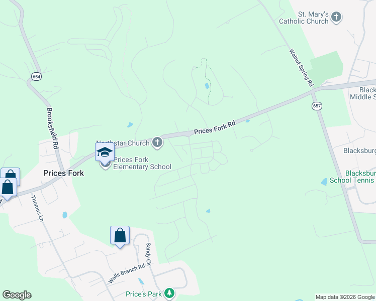 map of restaurants, bars, coffee shops, grocery stores, and more near 3871 Prices Fork Road in Blacksburg
