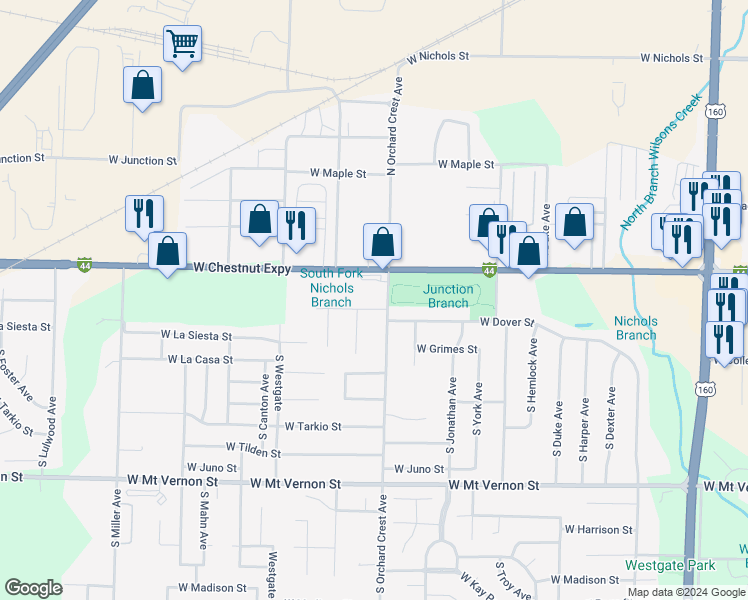 map of restaurants, bars, coffee shops, grocery stores, and more near 4124 West Chestnut Expressway in Springfield