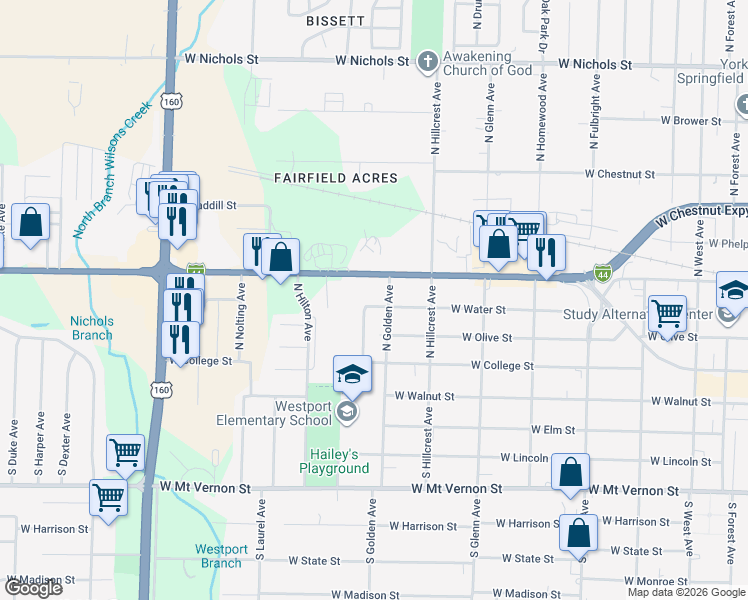 map of restaurants, bars, coffee shops, grocery stores, and more near 3154 West Chestnut Expressway in Springfield