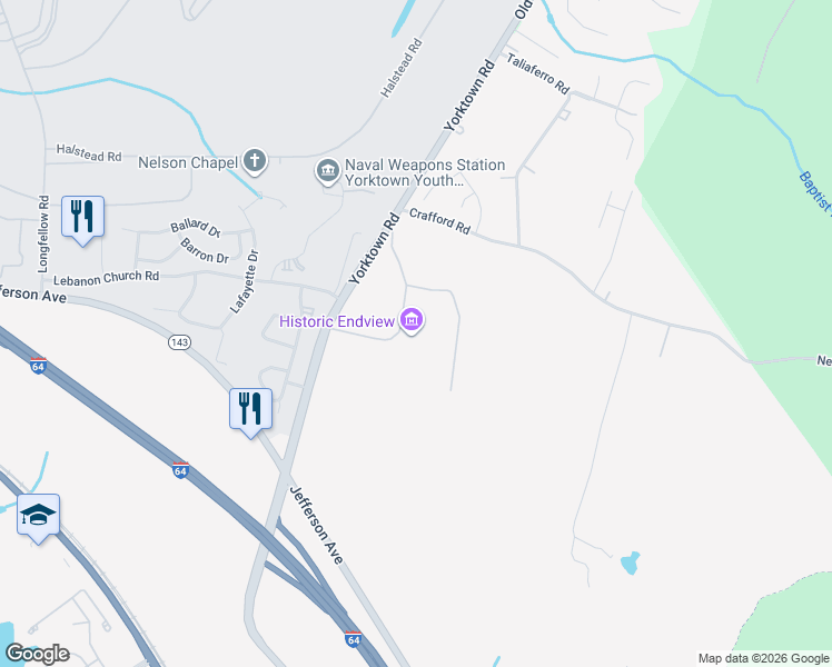 map of restaurants, bars, coffee shops, grocery stores, and more near 362 Yorktown Road in Newport News