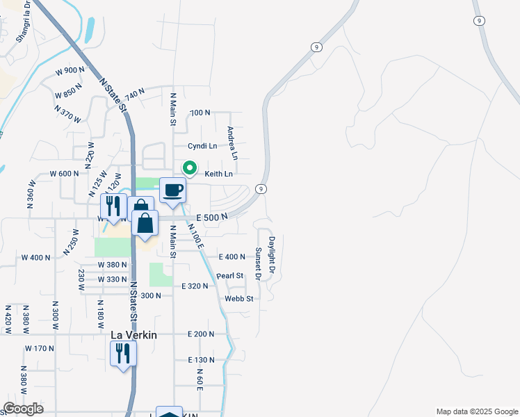 map of restaurants, bars, coffee shops, grocery stores, and more near Utah 9 in La Verkin