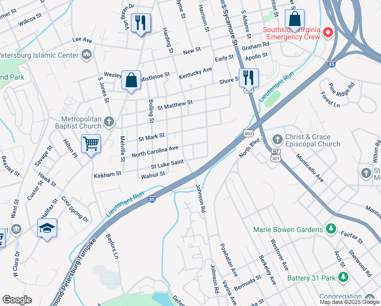 map of restaurants, bars, coffee shops, grocery stores, and more near 1220 Grant Court in Petersburg