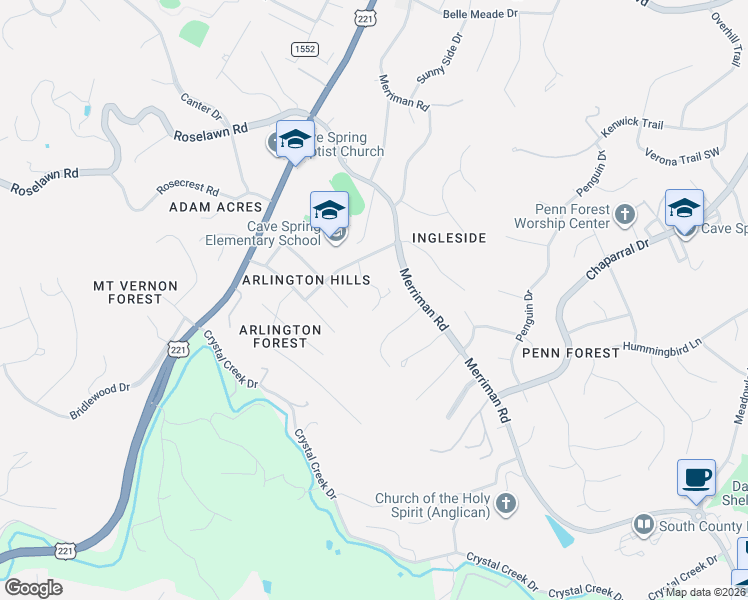 map of restaurants, bars, coffee shops, grocery stores, and more near 5522 Lynn Dell Road in Cave Spring