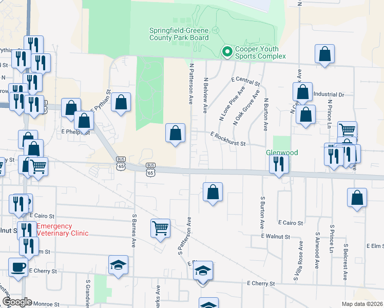 map of restaurants, bars, coffee shops, grocery stores, and more near 526 North Patterson Avenue in Springfield