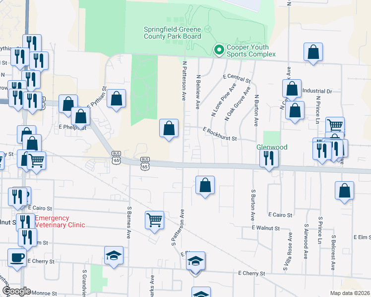 map of restaurants, bars, coffee shops, grocery stores, and more near 526 North Patterson Avenue in Springfield