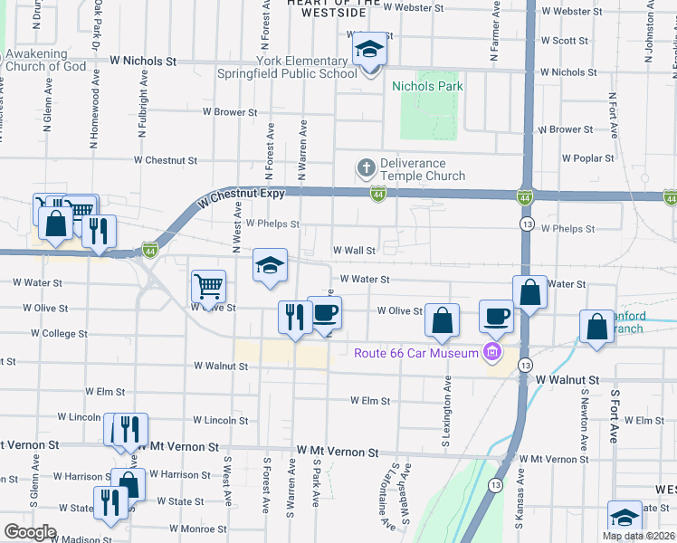 map of restaurants, bars, coffee shops, grocery stores, and more near 2154 West Wall Street in Springfield