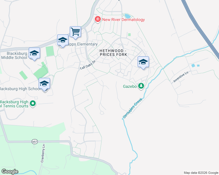 map of restaurants, bars, coffee shops, grocery stores, and more near 9300 Hunters Mill Road in Blacksburg