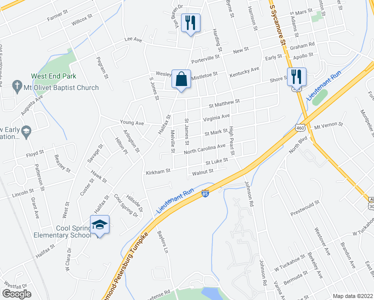 map of restaurants, bars, coffee shops, grocery stores, and more near 601 North Carolina Avenue in Petersburg