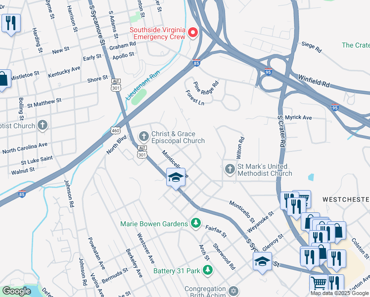 map of restaurants, bars, coffee shops, grocery stores, and more near 1598 Montpelier Street in Petersburg