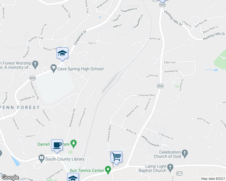 map of restaurants, bars, coffee shops, grocery stores, and more near 5510 Woodland Lane in Roanoke