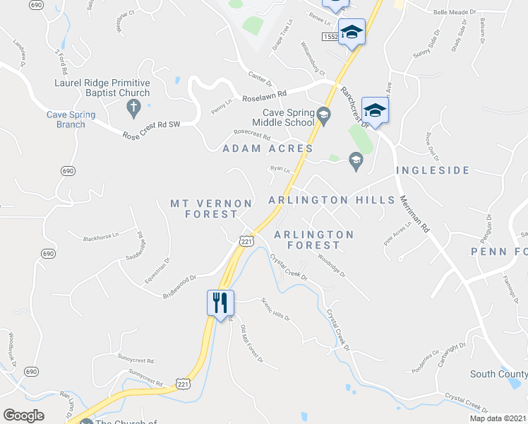 map of restaurants, bars, coffee shops, grocery stores, and more near 5450 Chatsworth Drive in Roanoke