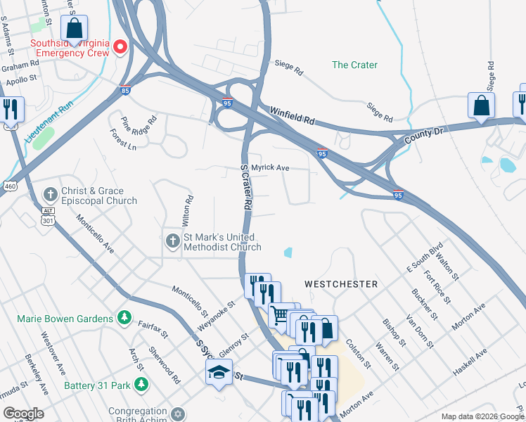 map of restaurants, bars, coffee shops, grocery stores, and more near 1025 South Crater Road in Petersburg