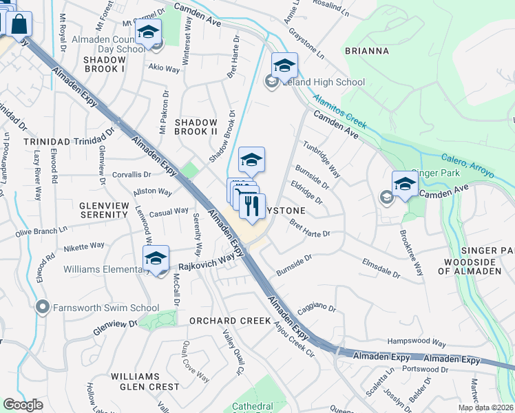 map of restaurants, bars, coffee shops, grocery stores, and more near 1032 Bret Cove Court in San Jose