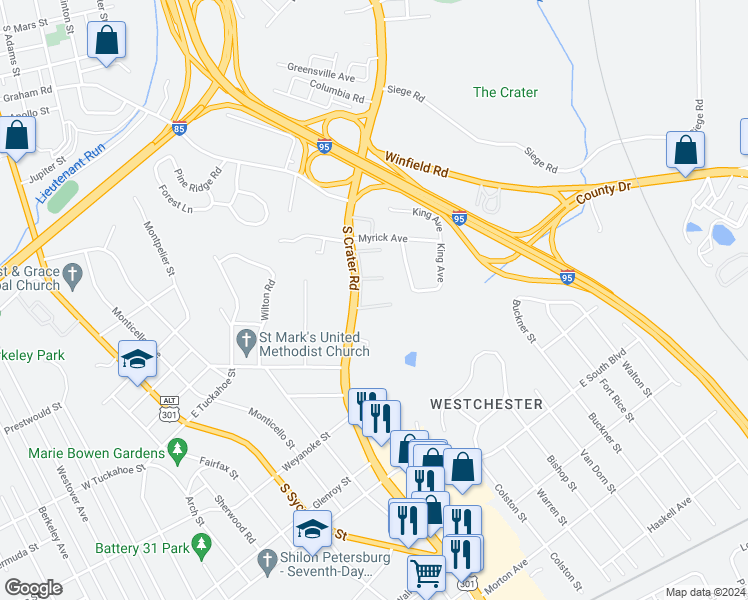 map of restaurants, bars, coffee shops, grocery stores, and more near 1025 South Crater Road in Petersburg