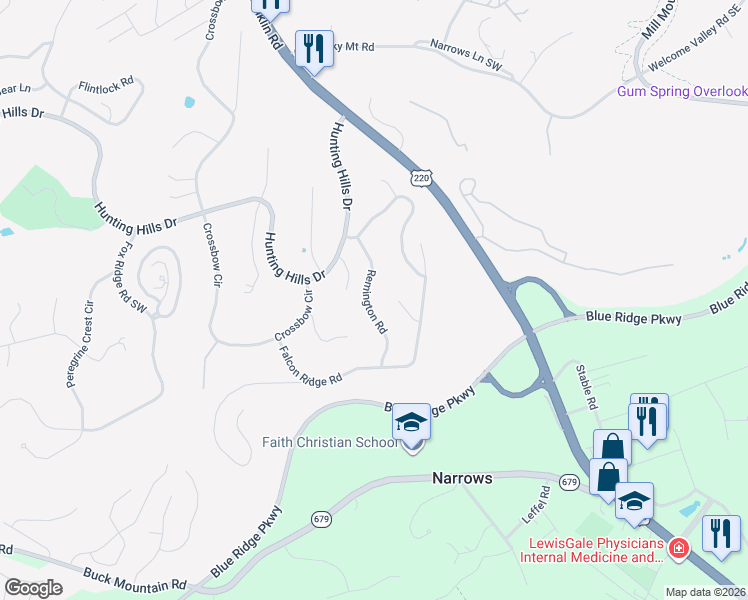 map of restaurants, bars, coffee shops, grocery stores, and more near 5153 Partridge Circle in Roanoke