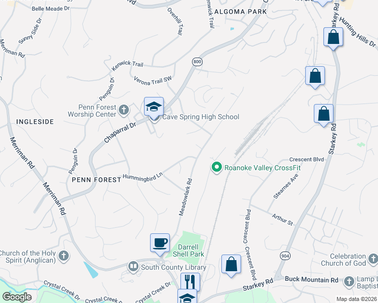 map of restaurants, bars, coffee shops, grocery stores, and more near 3645 Barn Swallow Cir in Roanoke