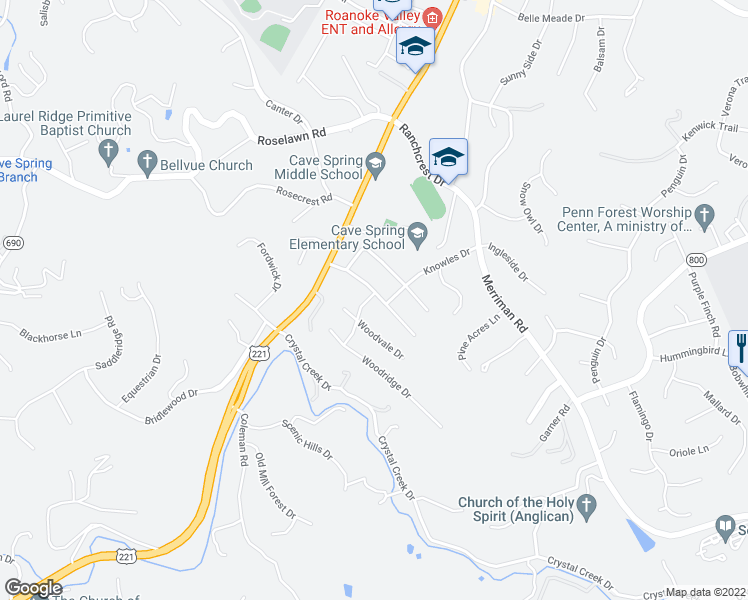 map of restaurants, bars, coffee shops, grocery stores, and more near 4160 Arlington Hills Drive in Cave Spring