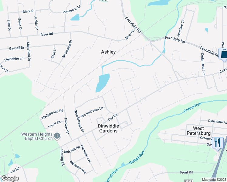 map of restaurants, bars, coffee shops, grocery stores, and more near 4503 Brickwood Meadow Court in Petersburg