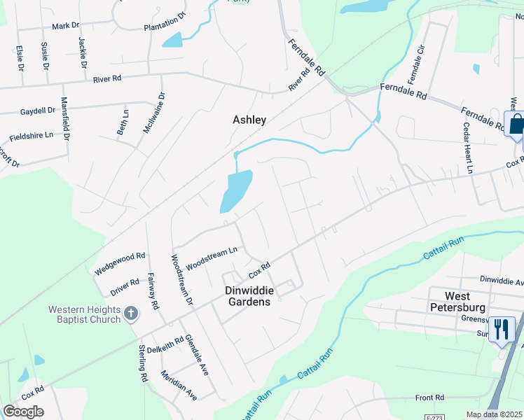 map of restaurants, bars, coffee shops, grocery stores, and more near 4503 Brickwood Meadow Court in Petersburg