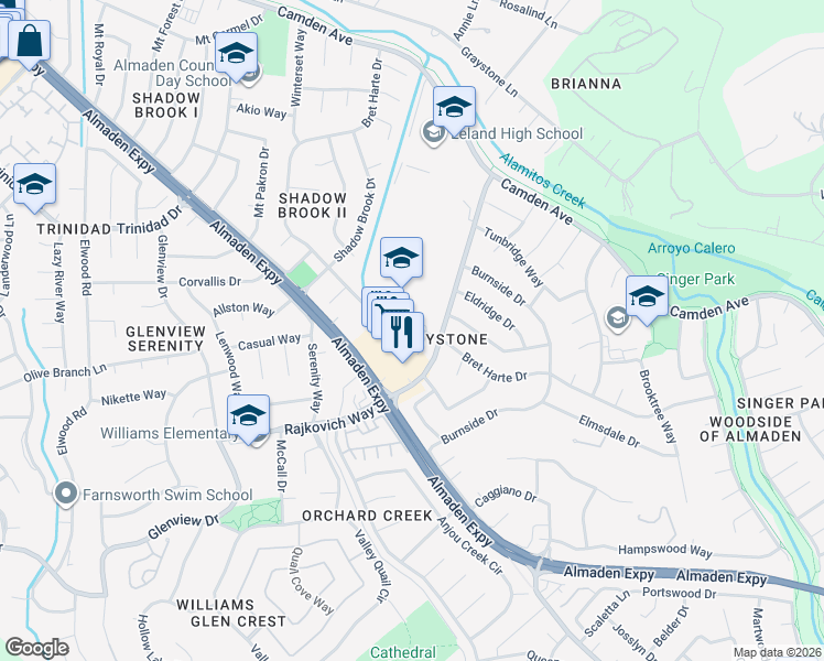 map of restaurants, bars, coffee shops, grocery stores, and more near 1032 Bret Cove Court in San Jose