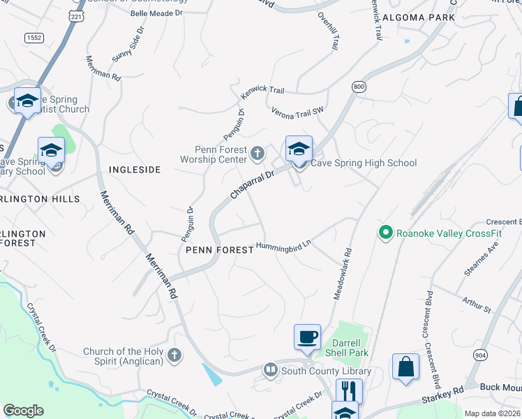 map of restaurants, bars, coffee shops, grocery stores, and more near 2933 Purple Finch Road in Roanoke