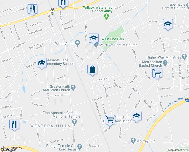 map of restaurants, bars, coffee shops, grocery stores, and more near 1023 Augusta Avenue in Petersburg