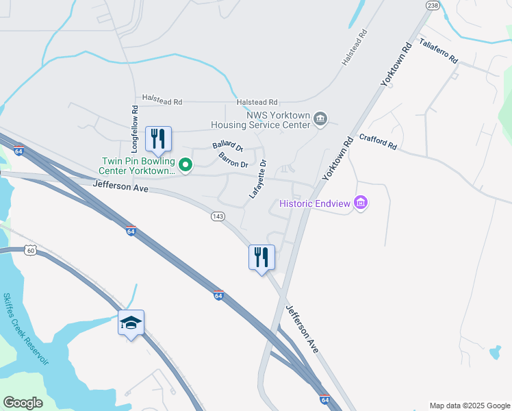 map of restaurants, bars, coffee shops, grocery stores, and more near 14502 Jefferson Avenue in Newport News