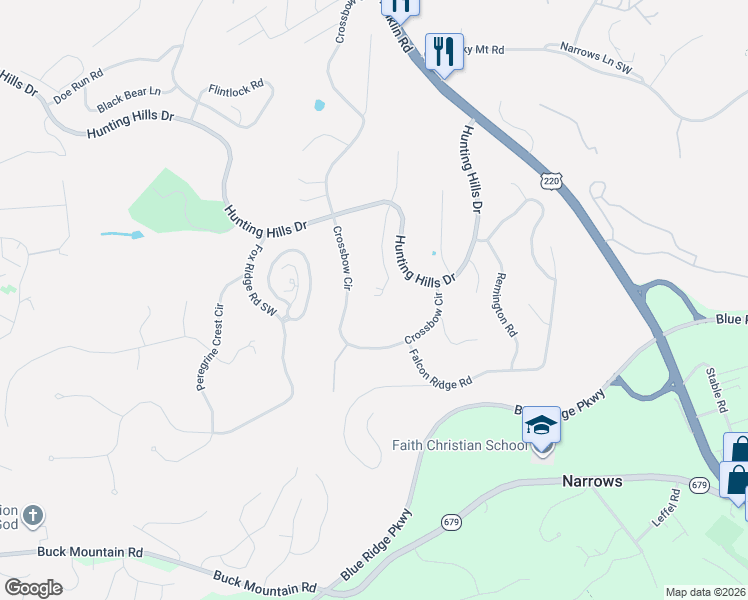 map of restaurants, bars, coffee shops, grocery stores, and more near 4943 Buckhorn Drive in Roanoke