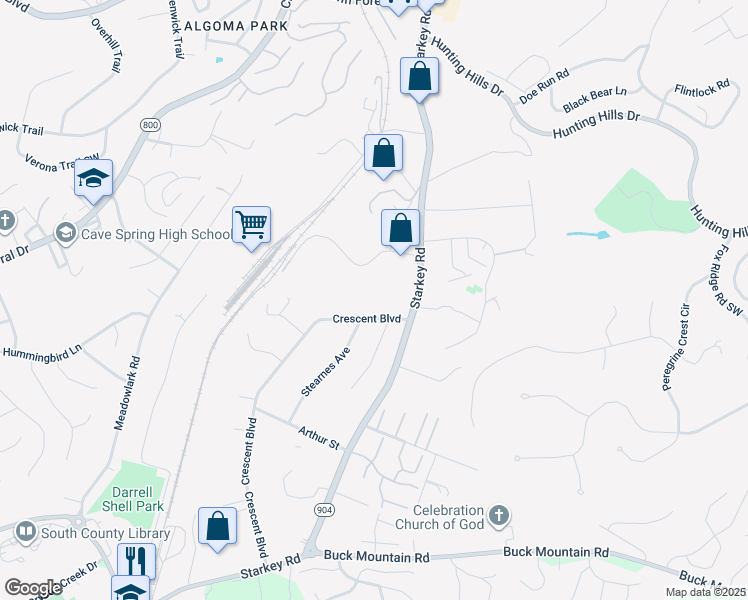 map of restaurants, bars, coffee shops, grocery stores, and more near 5405 Crescent Boulevard in Roanoke