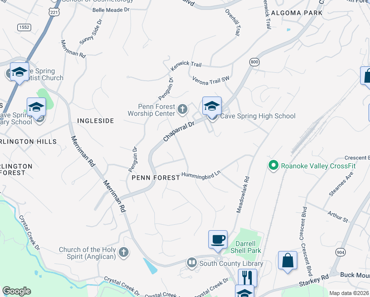 map of restaurants, bars, coffee shops, grocery stores, and more near 2933 Purple Finch Road in Roanoke