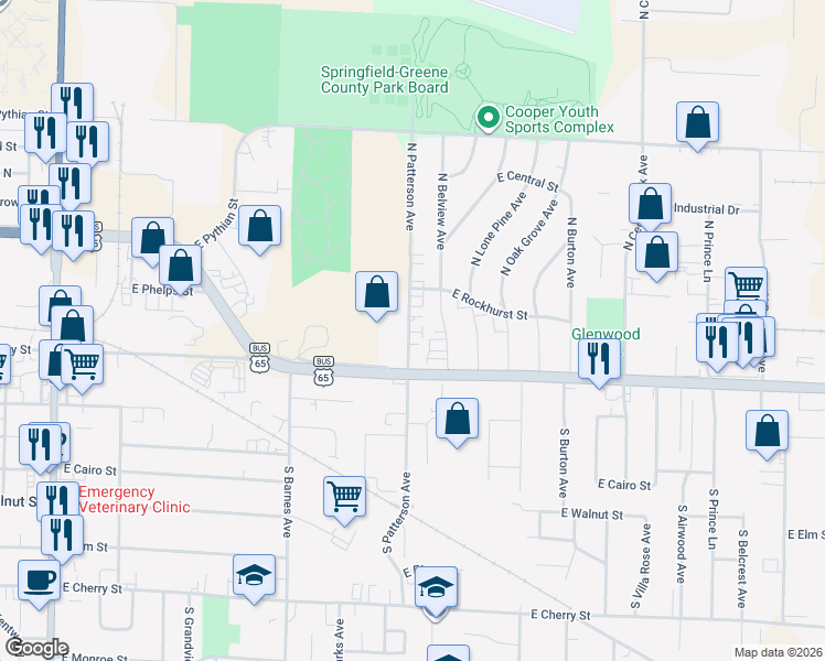 map of restaurants, bars, coffee shops, grocery stores, and more near 526 North Patterson Avenue in Springfield